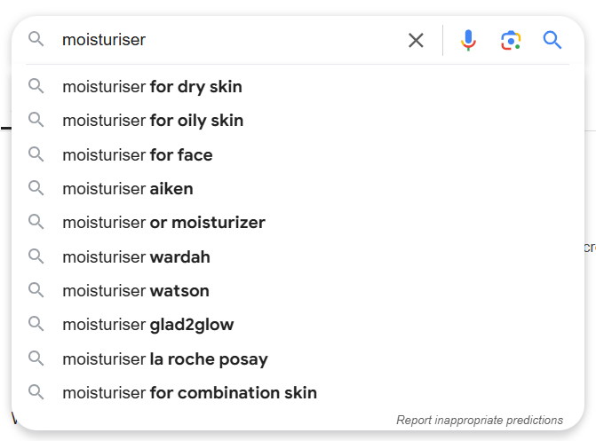 Google autocomplete moisturiser query