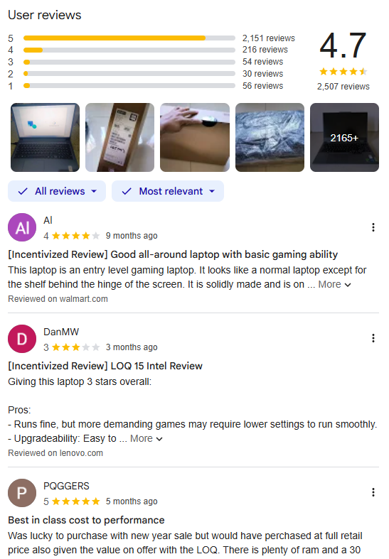 Google reviews of a product
