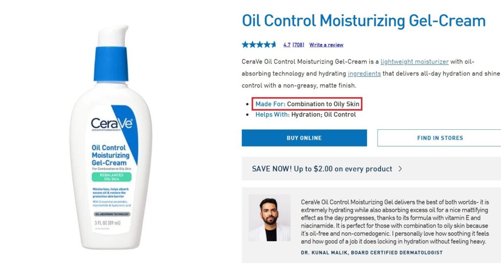 A screenshot of Cerave oil moisturising gel cream product description