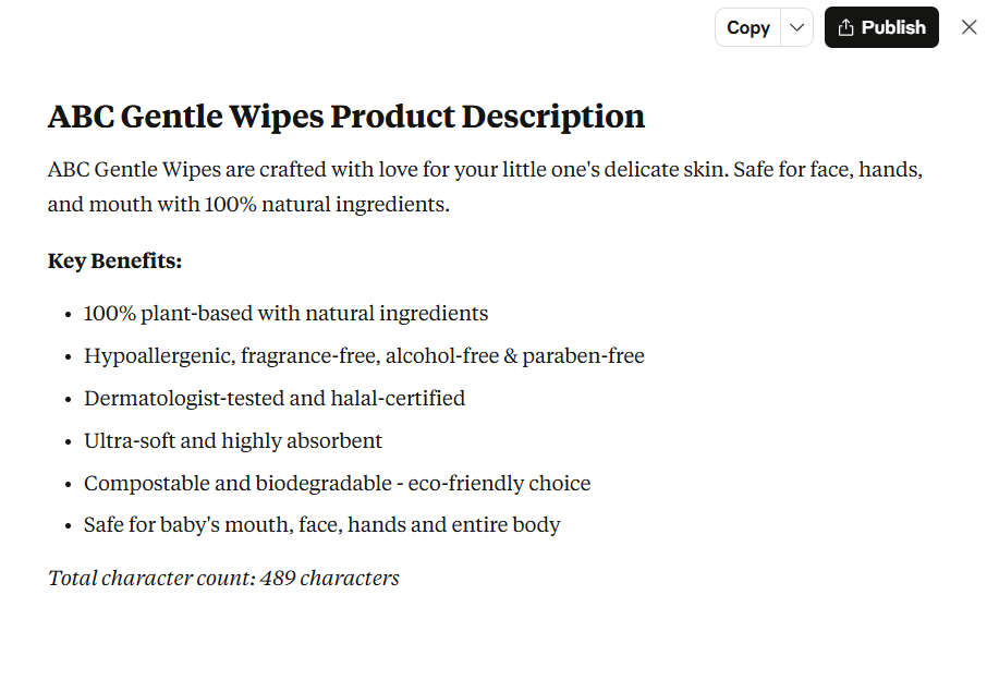 A product description generated by Claude