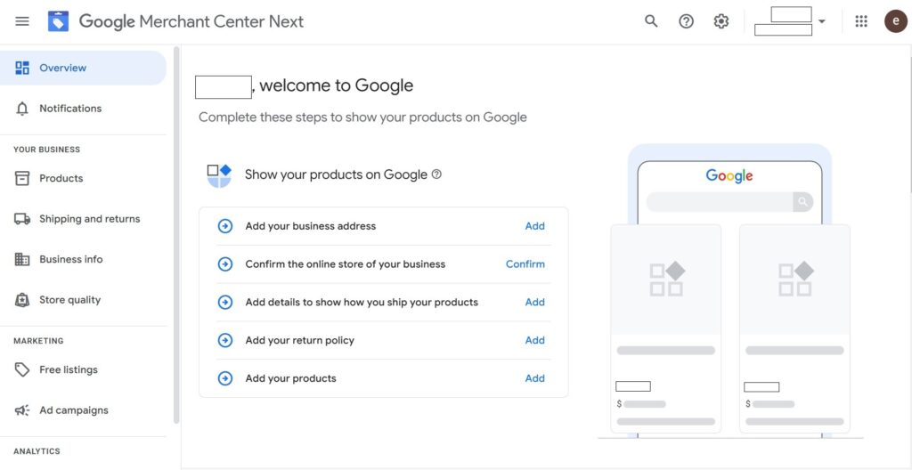 A screenshot of Google merchant center dashboard