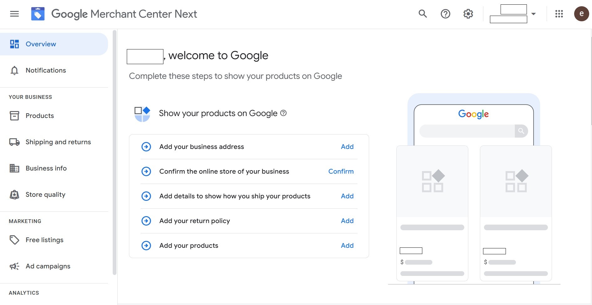 Google Merchant Center dashboard