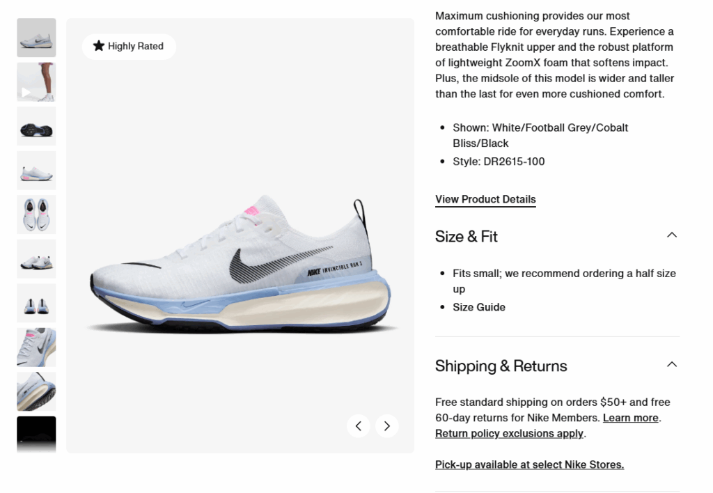 A screenshot of Nike shoes product description