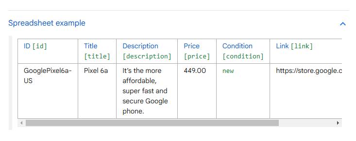 Example of file format in Google Merchant Center