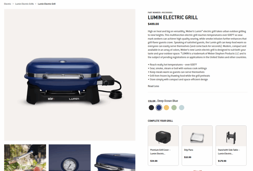 A screenshot of Lumin electric grill product description