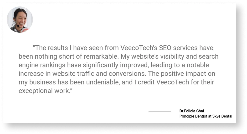 5 star reviews for VeecoTech SEO services by Dr Felicia from Skye Dental