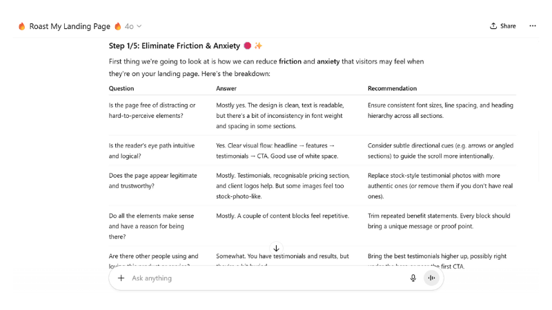 Respond of Roast My Landing Page