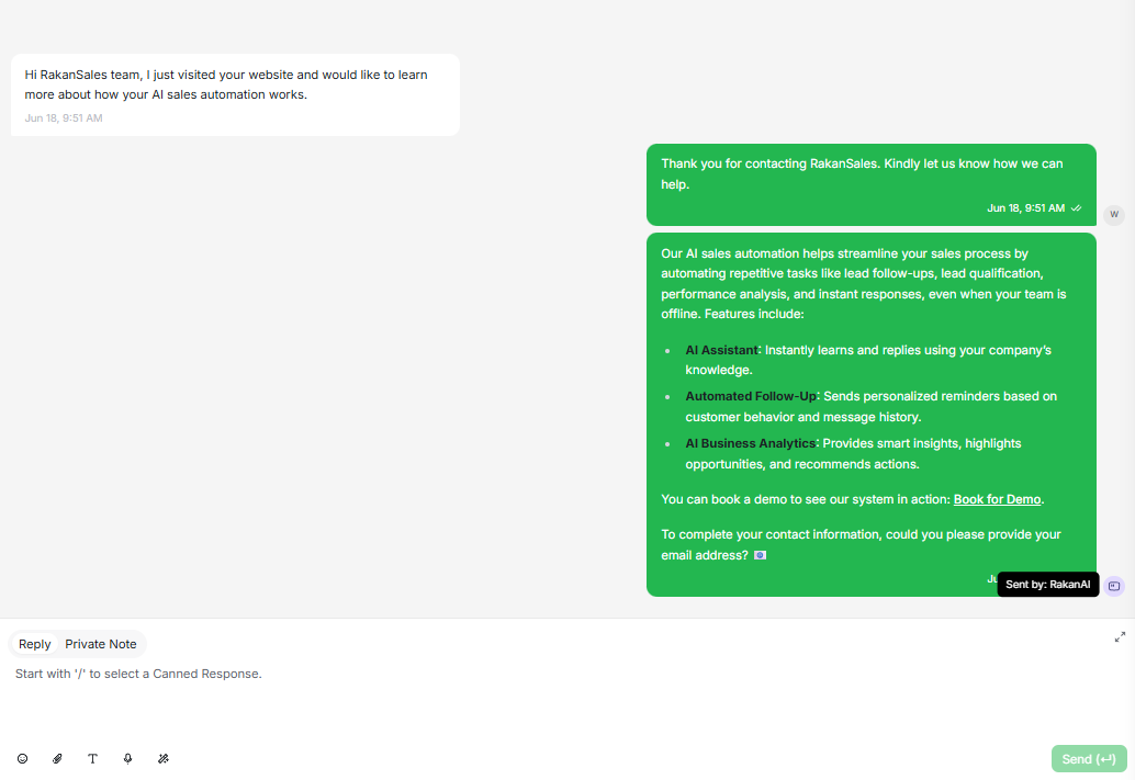 RakanAI AI chatbot reply screenshot