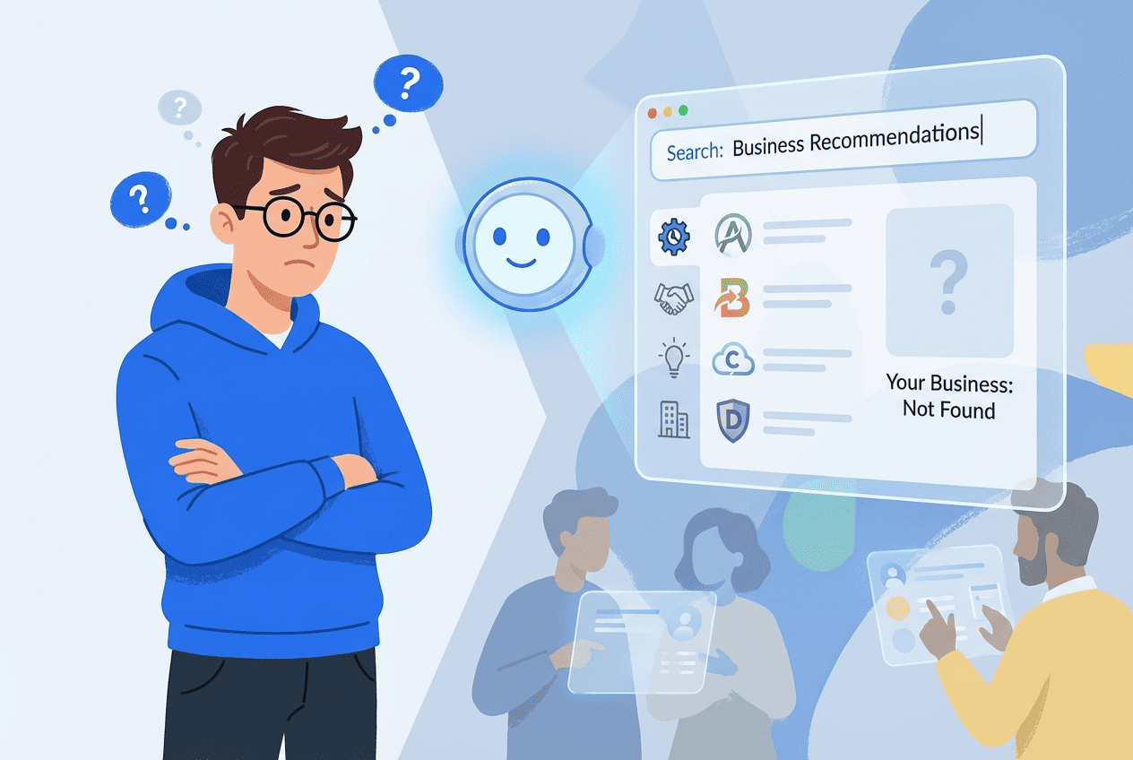 A business owner with a frustrated face as his customers cannot find him through AI