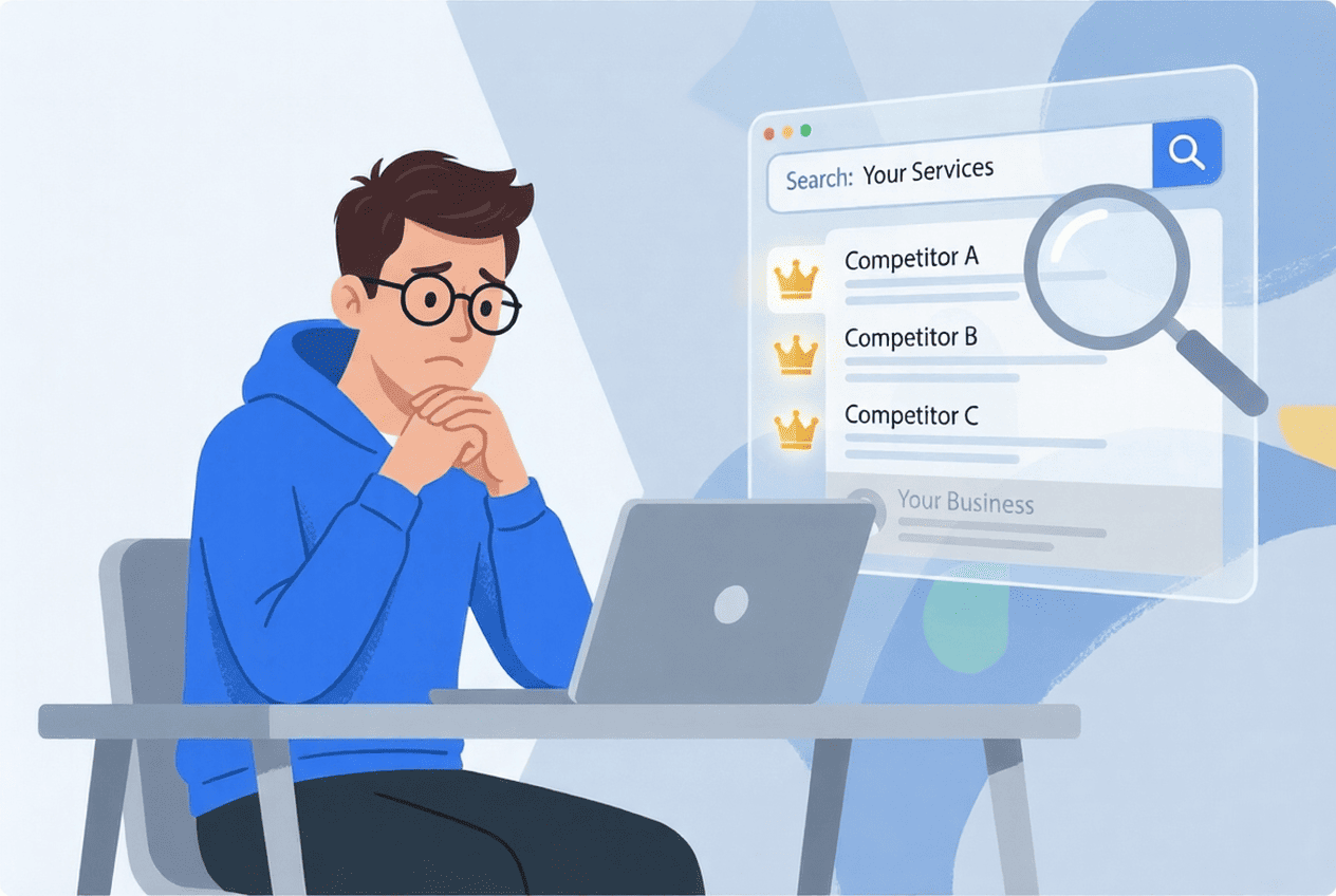 A business owner with worried face because his SEO competitors are outranking him